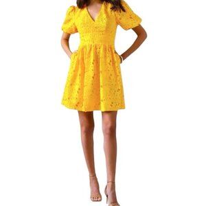 Prabal Gurung For JCPenney Yellow Puff Sleeve V-Neck Floral Party Dress Size 4